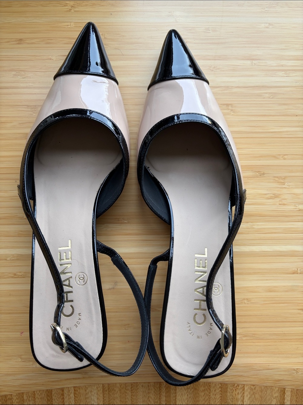 CHANEL Nude Patent Leather Pointed Slingback with Black Cap Toe